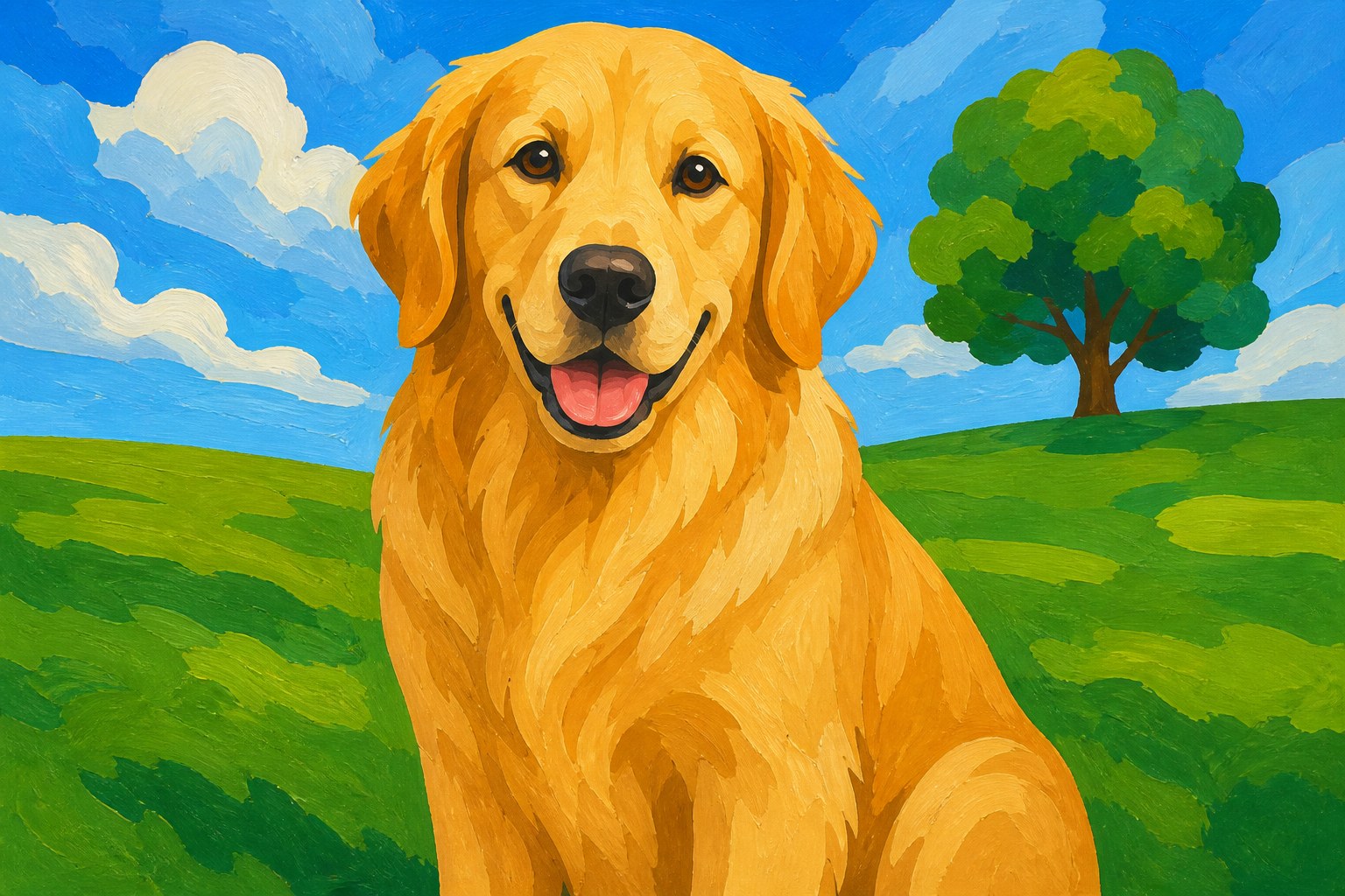Schilderen op nummer golden retriever, een golden retriever met warme goudblonde vacht in een grasveld
