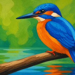 Schilderen op nummer ijsvogel met oranje borst en blauwe rug op een tak