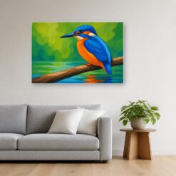 Schilderij Schilderen op nummer ijsvogel met grote vlakken opgehangen boven de bank in een woonkamer