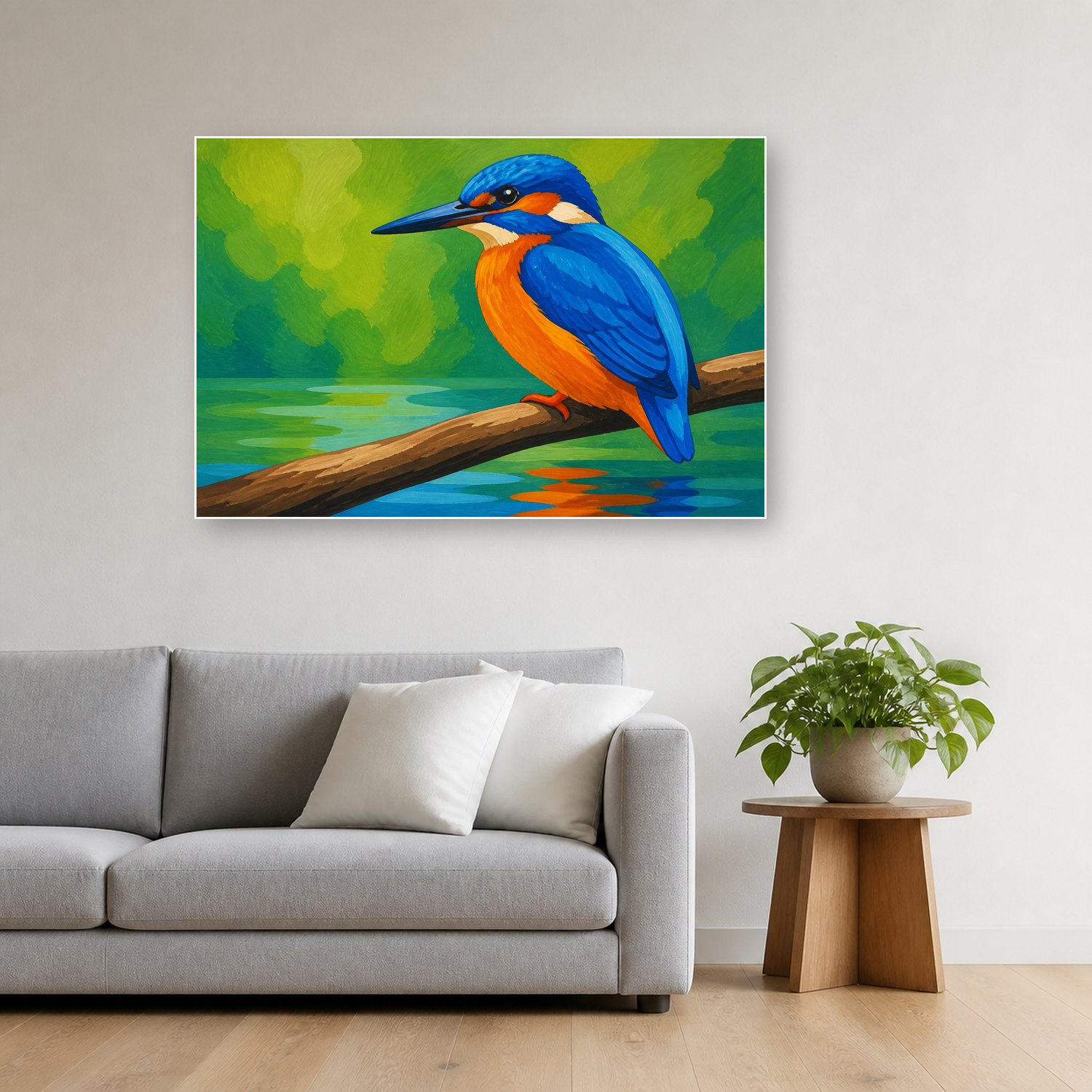 Schilderij Schilderen op nummer ijsvogel met grote vlakken opgehangen boven de bank in een woonkamer
