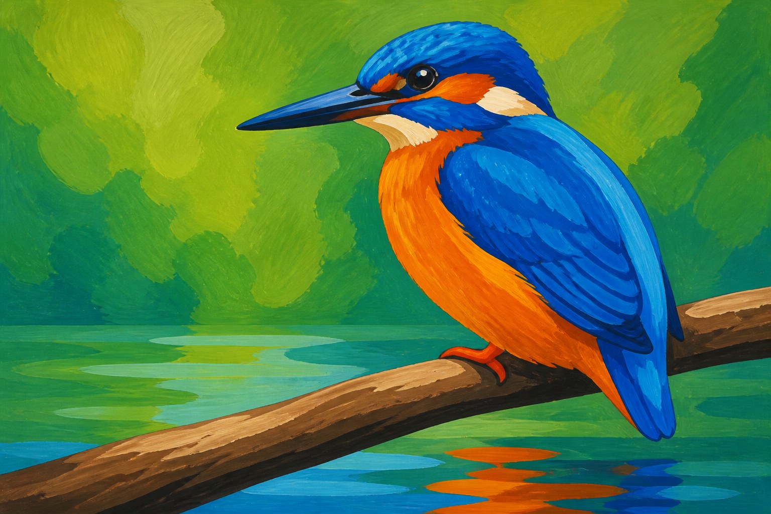 Schilderen op nummer ijsvogel met oranje borst en blauwe rug op een tak