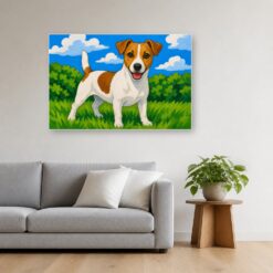 Schilderij Schilderen op nummer jack russell met grote vlakken opgehangen boven de bank in een woonkamer