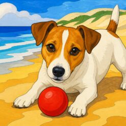 Schilderen op nummer: een jack russell met een rode bal op het strand