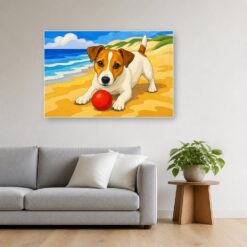 Schilderij Schilderen op nummer jack russell op het strand opgehangen boven de bank in een woonkamer