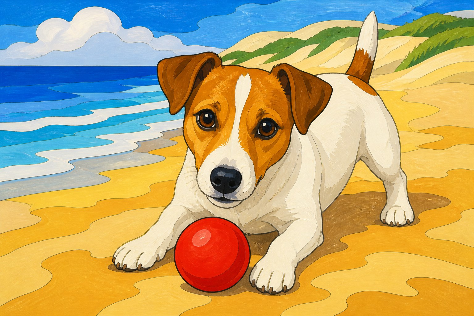 Schilderen op nummer: een jack russell met een rode bal op het strand