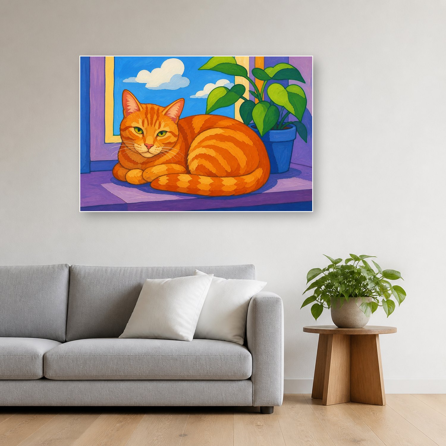 Schilderij Schilderen op nummer kat met grote vlakken opgehangen boven de bank in een woonkamer