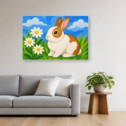 Schilderij Schilderen op nummer konijn met grote vlakken opgehangen boven de bank in een woonkamer