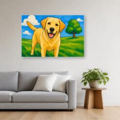 Schilderij Schilderen op nummer labrador met grote vlakken opgehangen boven de bank in een woonkamer