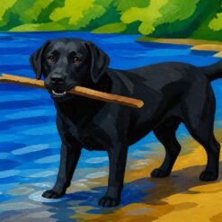 Schilderen op nummer: een zwarte labrador met een stok in zijn bek aan de waterkant