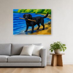 Schilderij Schilderen op nummer zwarte labrador aan het water opgehangen boven de bank in een woonkamer