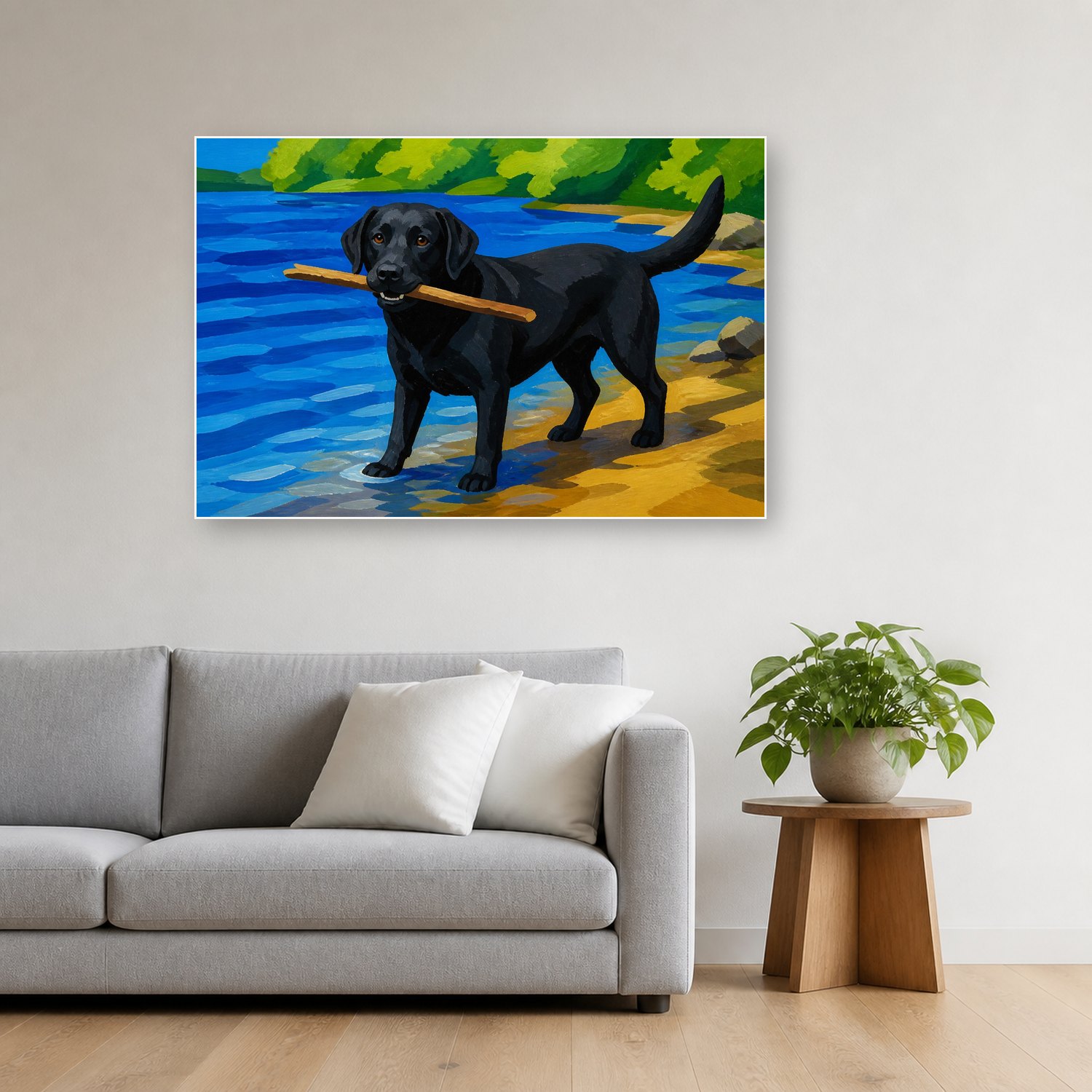 Schilderij Schilderen op nummer zwarte labrador aan het water opgehangen boven de bank in een woonkamer