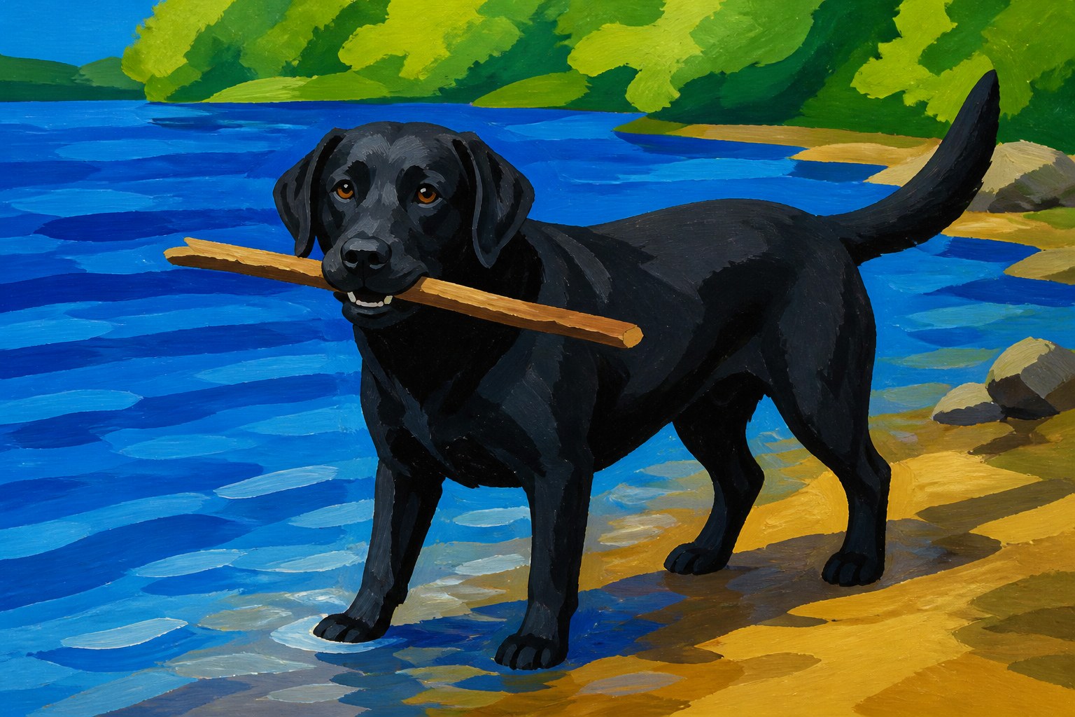 Schilderen op nummer: een zwarte labrador met een stok in zijn bek aan de waterkant