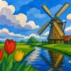 Schilderen op nummer Hollandse windmolen aan een sloot met tulpen