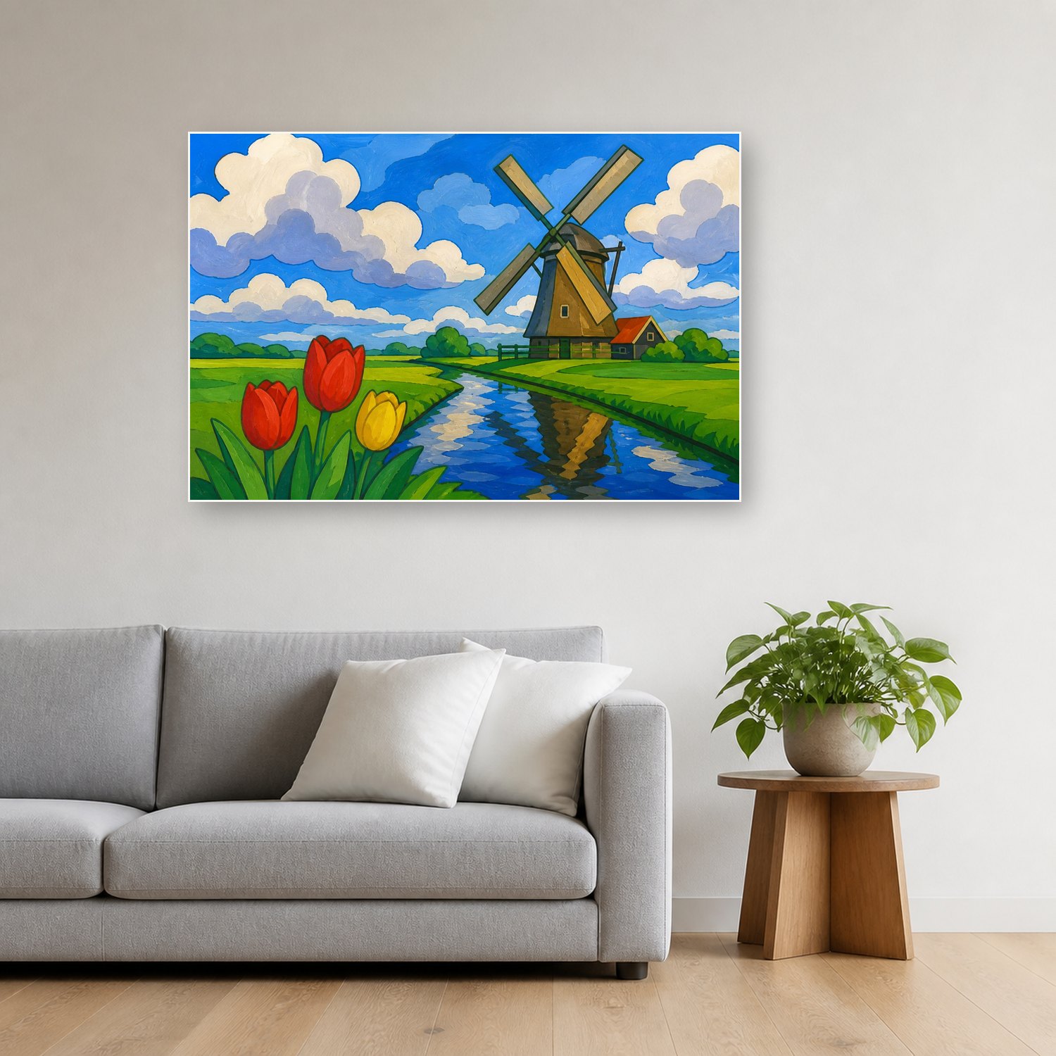 Schilderij Schilderen op nummer Hollandse molen met grote vlakken opgehangen boven de bank in een woonkamer