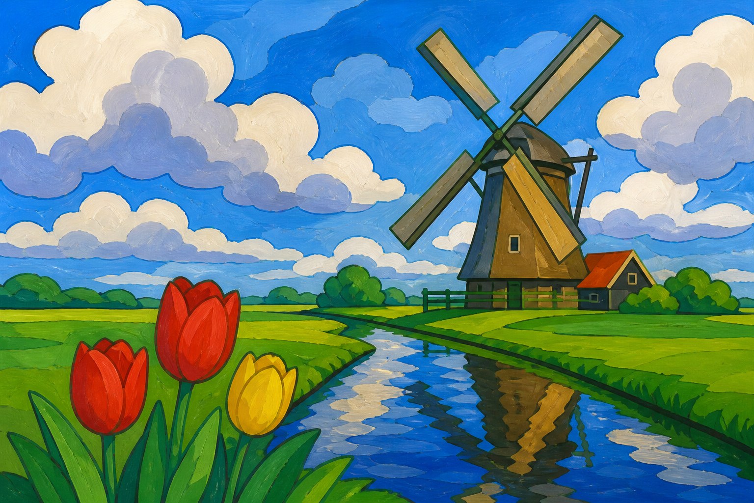 Schilderen op nummer Hollandse windmolen aan een sloot met tulpen