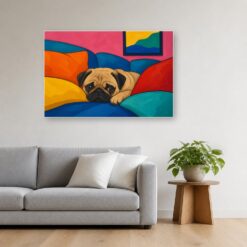 Schilderij Schilderen op nummer mopshond tussen de kussens opgehangen boven de bank in een woonkamer