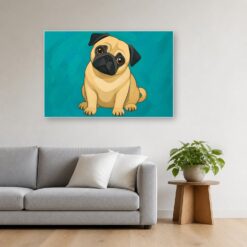 Schilderij Schilderen op nummer mopshond met grote vlakken opgehangen boven de bank in een woonkamer