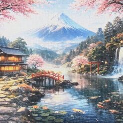 Voltooide fotopuzzel van 1000 stukjes met Mount Fuji en Japanse tuin