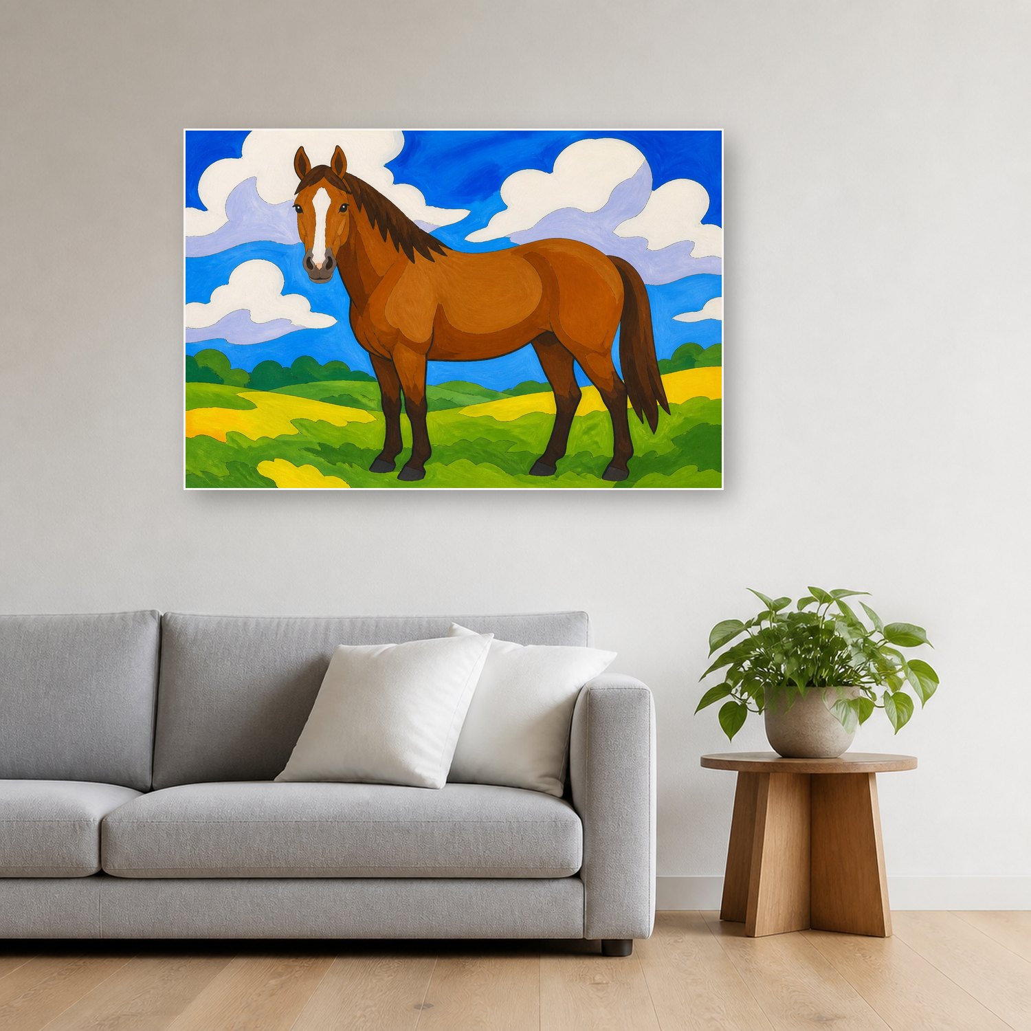 Schilderij Schilderen op nummer paard met grote vlakken opgehangen boven de bank in een woonkamer