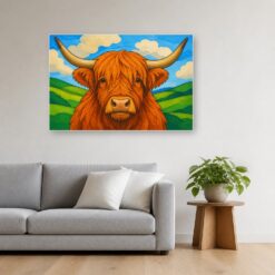 Schilderij Schilderen op nummer Schotse hooglander met grote vlakken opgehangen boven de bank in een woonkamer