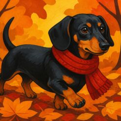 Schilderen op nummer: een teckel met een rood gebreid sjaaltje die door de herfstbladeren loopt