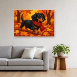 Schilderij Schilderen op nummer teckel in de herfstbladeren opgehangen boven de bank in een woonkamer