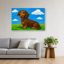 Schilderij Schilderen op nummer teckel met grote vlakken opgehangen boven de bank in een woonkamer