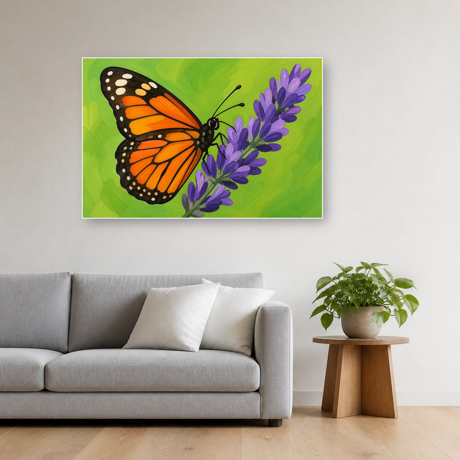 Schilderij Schilderen op nummer vlinder op lavendel met grote vlakken opgehangen boven de bank in een woonkamer
