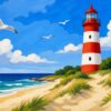 Schilderen op nummer rood-witte vuurtoren op een duin aan zee