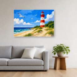 Schilderij Schilderen op nummer vuurtoren met grote vlakken opgehangen boven de bank in een woonkamer
