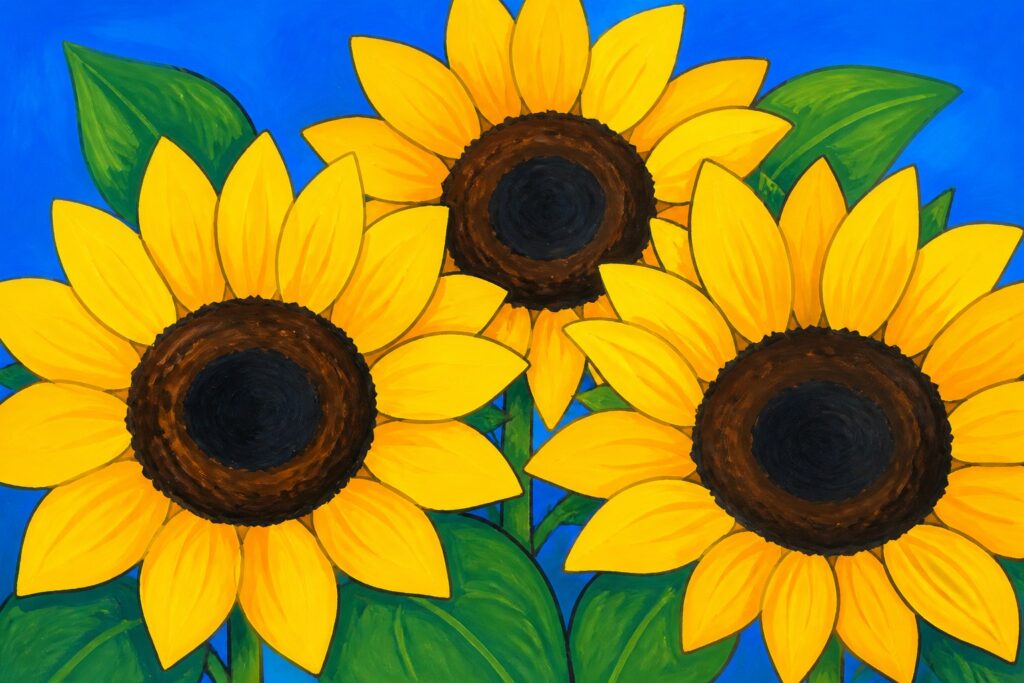 Schilderen op nummer met drie grote zonnebloemen in duidelijke kleurvlakken