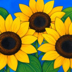 Schilderen op nummer drie grote zonnebloemen tegen een blauwe lucht