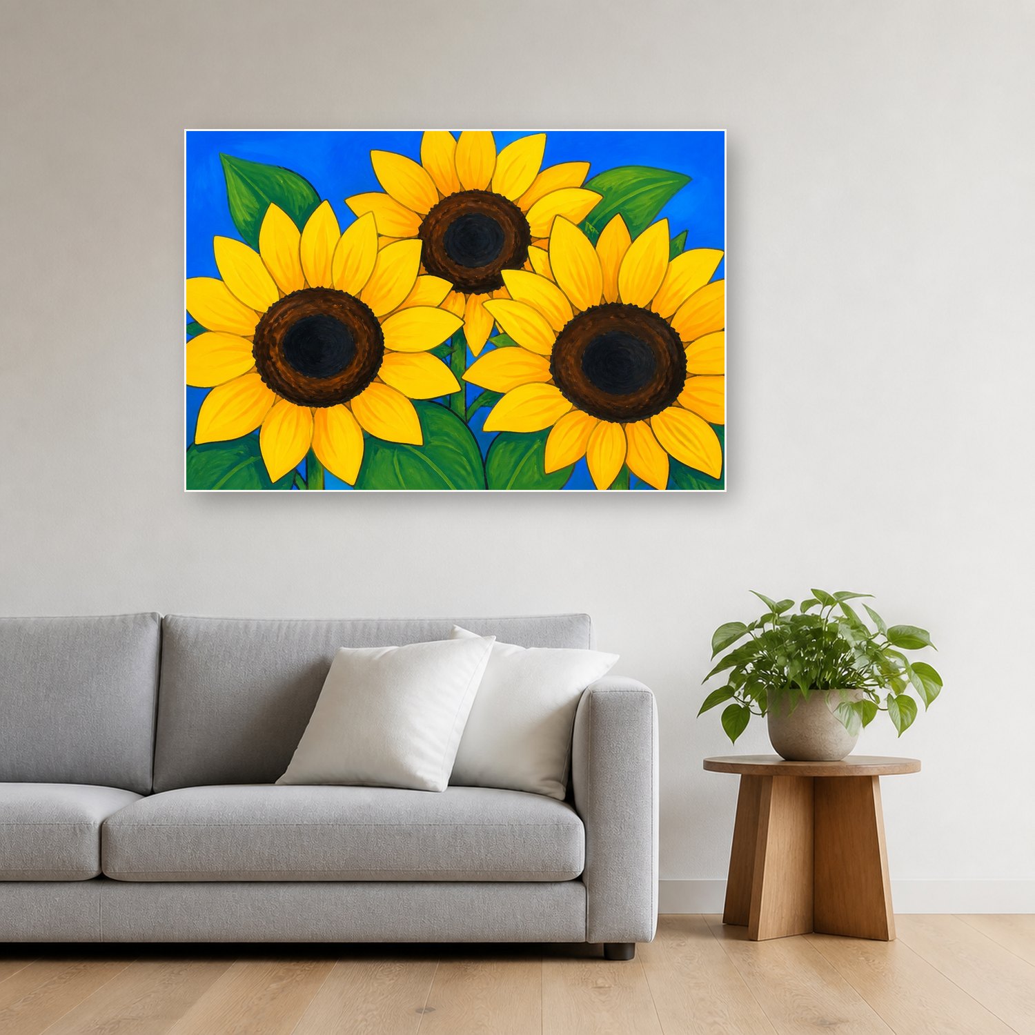 Schilderij Schilderen op nummer zonnebloemen met grote vlakken opgehangen boven de bank in een woonkamer