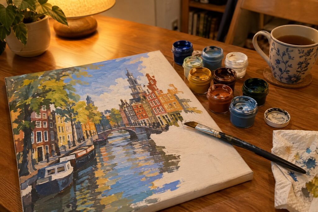 Half af gemaakte schilderen-op-nummer-canvas van een grachtenpand op een houten tafel met verfpotjes en penseel