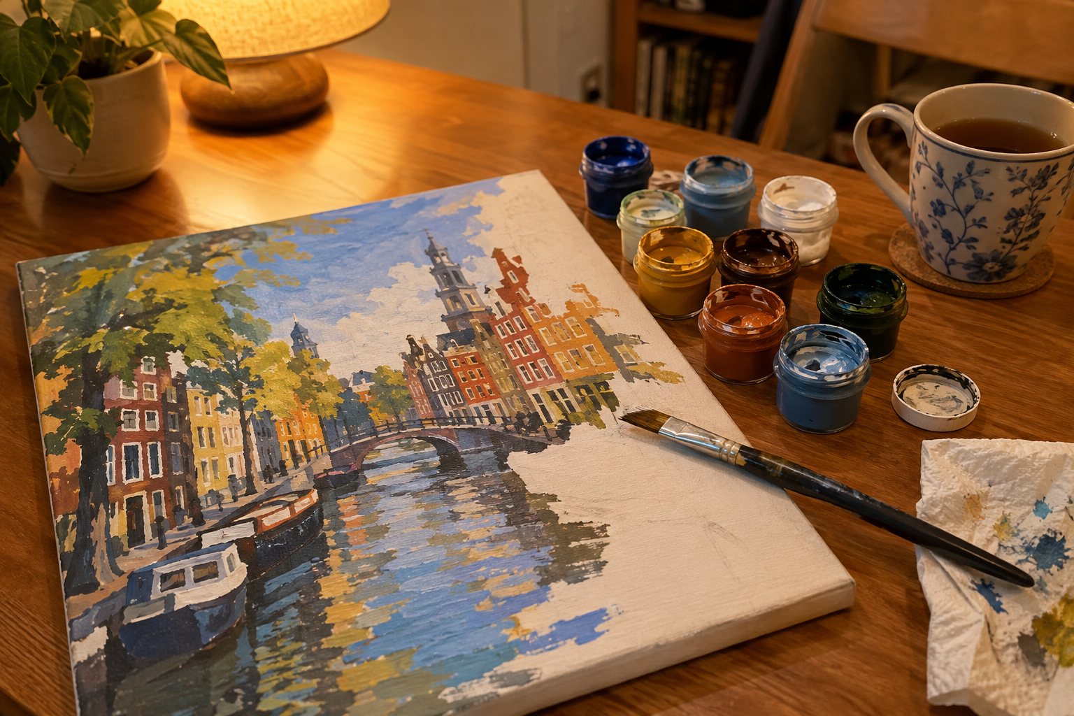 Half afgemaakt genummerd canvas liggend op een houten tafel, van bovenaf gezien