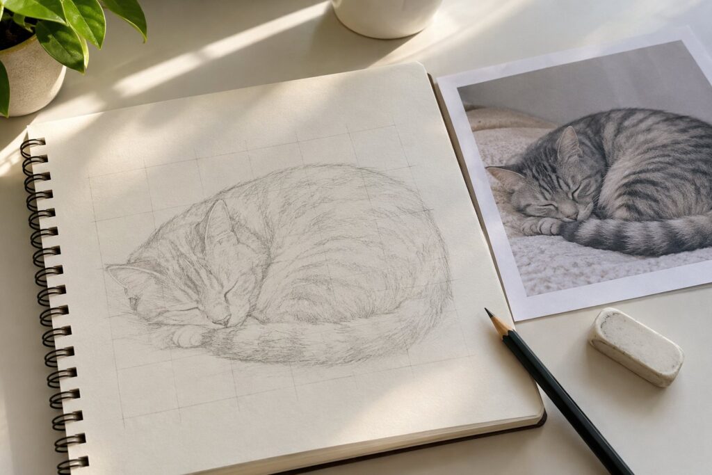 Schetsboek met een potloodtekening van een slapende kat over rastervakjes, naast een referentiefoto