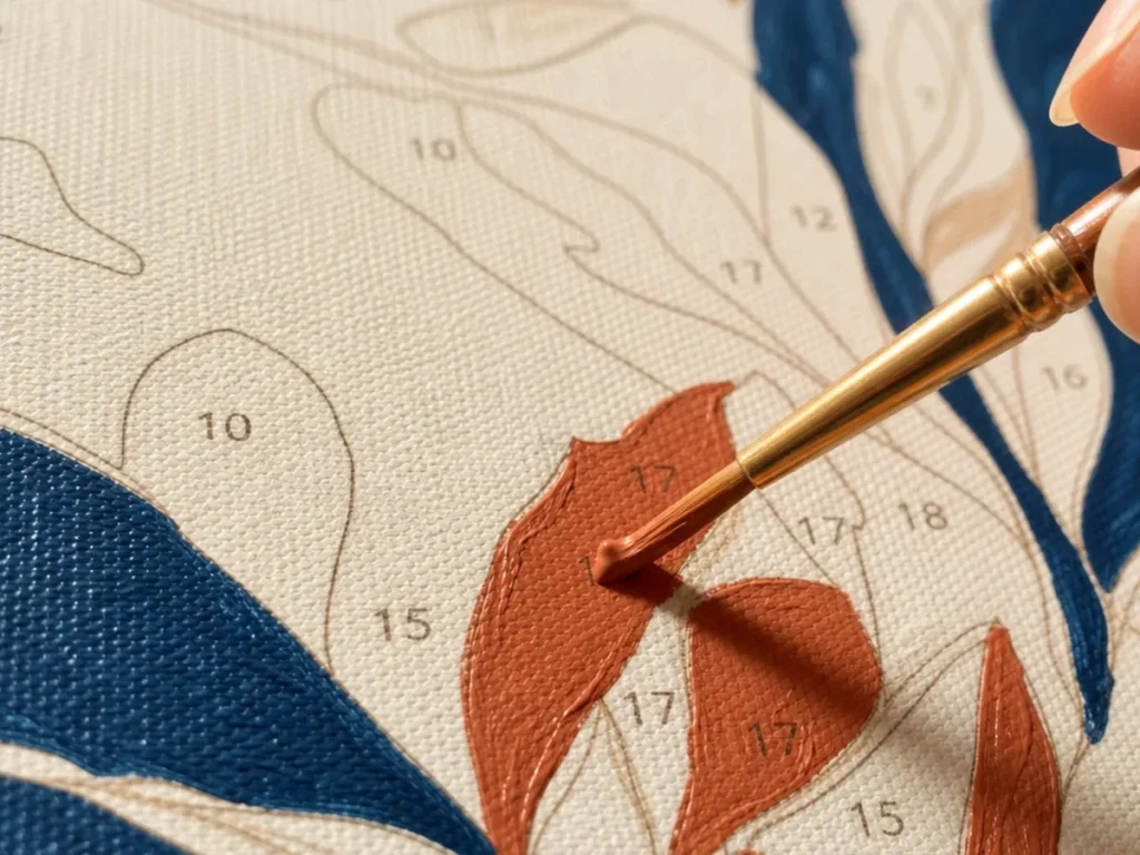 Geweven schildersdoek van dichtbij: de weefstructuur van echt canvas is zichtbaar onder de nummers en de verfstreek