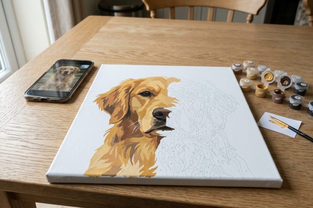 Half beschilderd schilderen-op-nummer doek van een golden retriever naast een telefoon met de originele foto