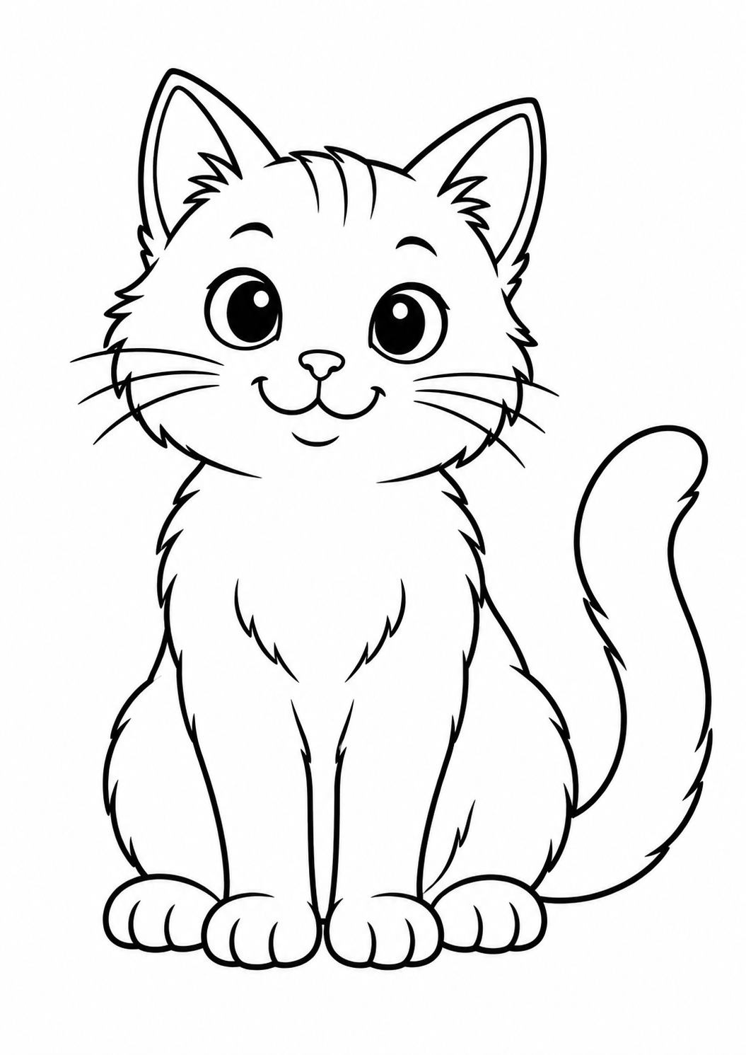 Makkelijke kattenkleurplaat met een zittende poes, grote vlakken en dikke lijnen