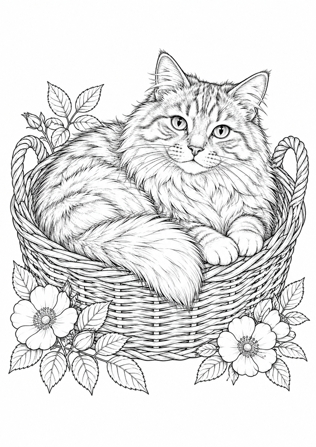 Gedetailleerde kleurplaat van een langharige kat in een gevlochten mand met bloemen