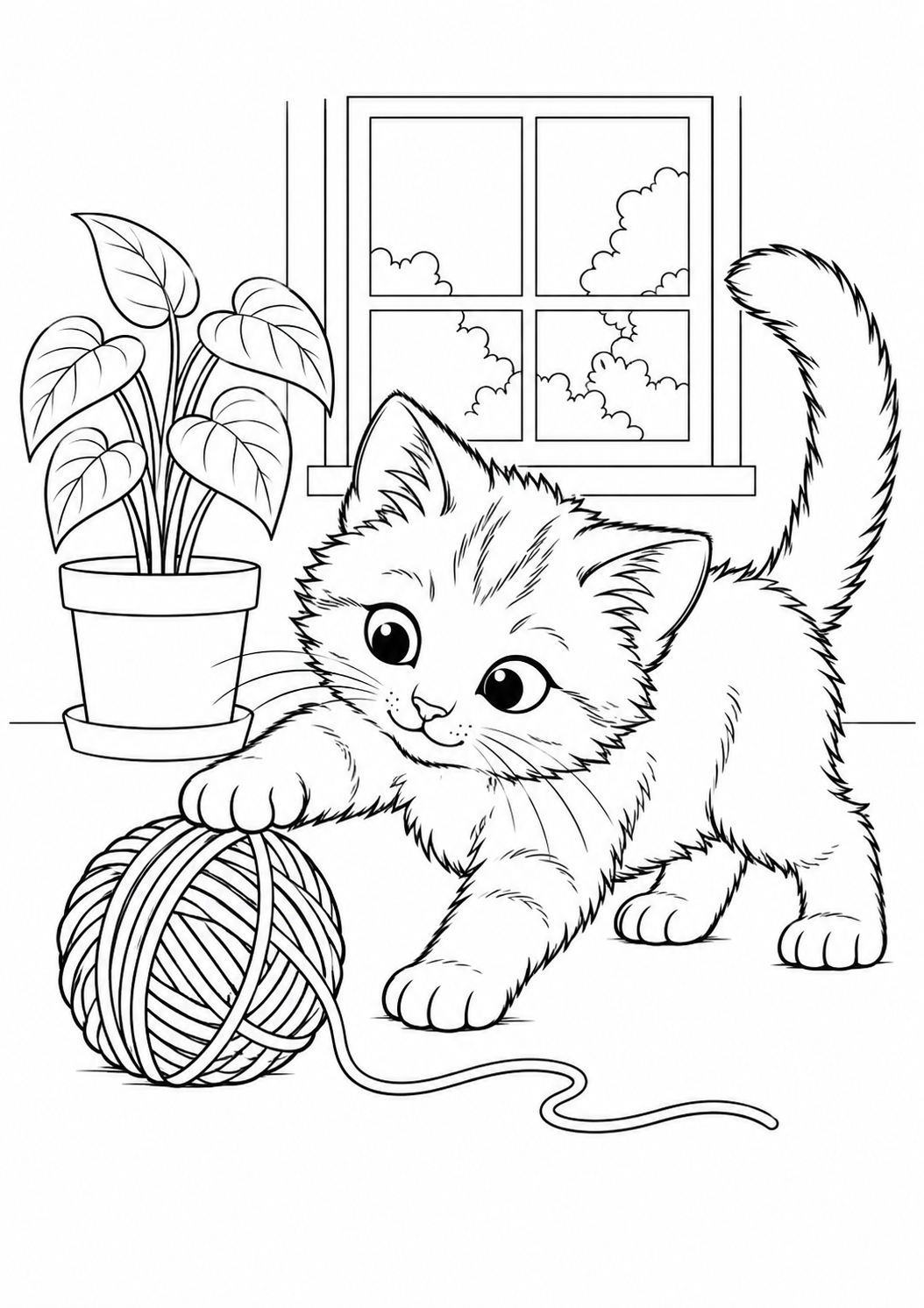 Kleurplaat van een spelende kitten met een bol wol, plant en raam