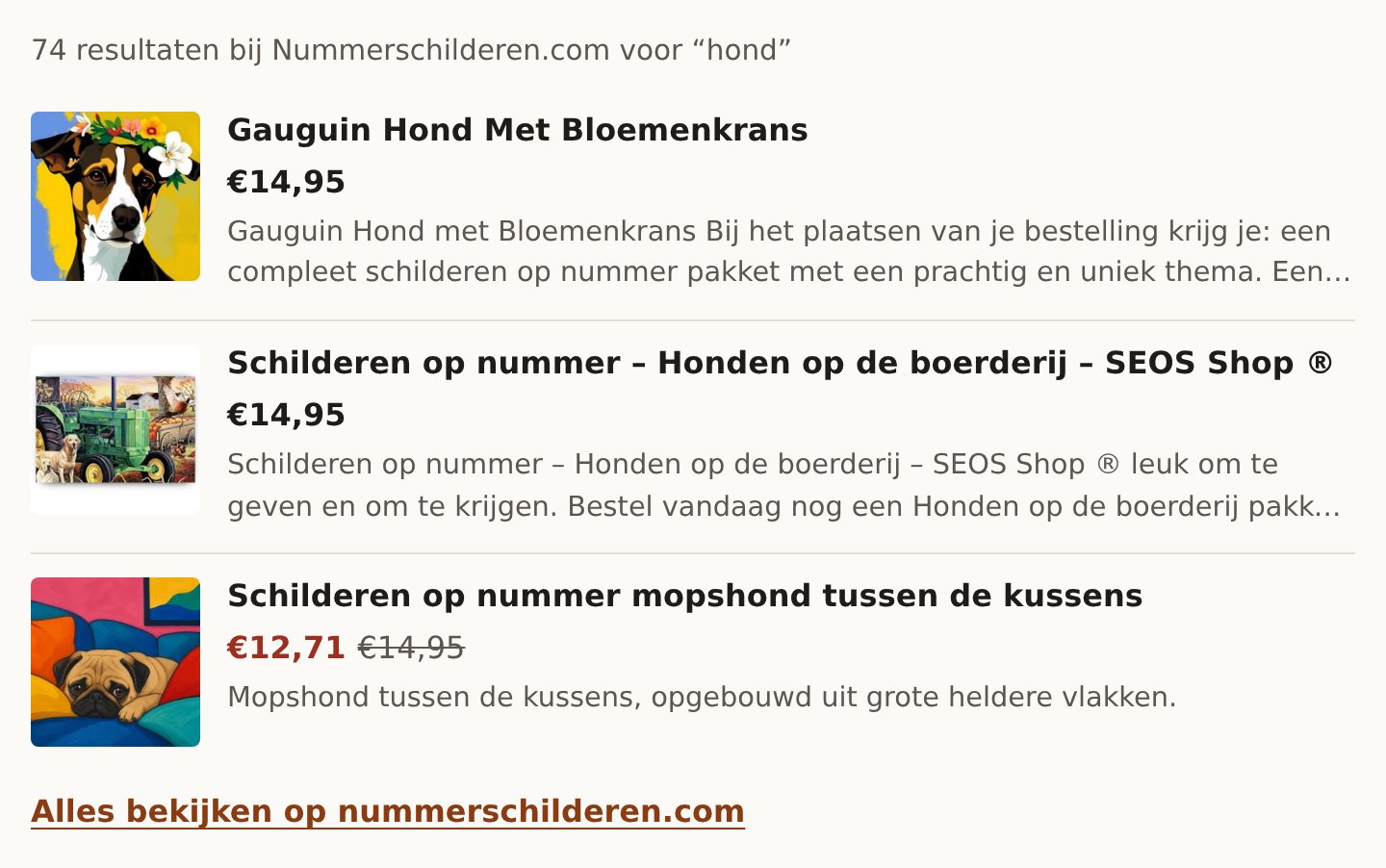 Productlijst met drie hondenschilderijen, elk met foto, prijs en korte omschrijving