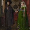Arnolfini-portret van Jan van Eyck: een man met een grote zwarte hoed en een vrouw in een groene jurk staan hand in hand in een kamer met een bolle spiegel