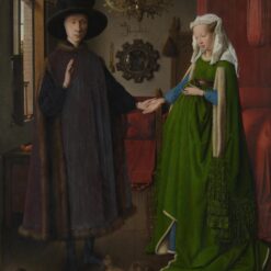Arnolfini-portret van Jan van Eyck: een man met een grote zwarte hoed en een vrouw in een groene jurk staan hand in hand in een kamer met een bolle spiegel