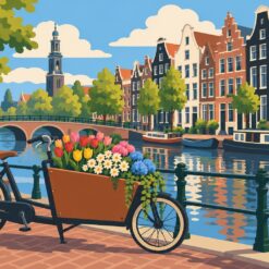 Digitaal ontwerp: bakfiets vol bloemen langs een Amsterdamse gracht met smalle grachtenpanden, bruggetje en lantaarnpaal