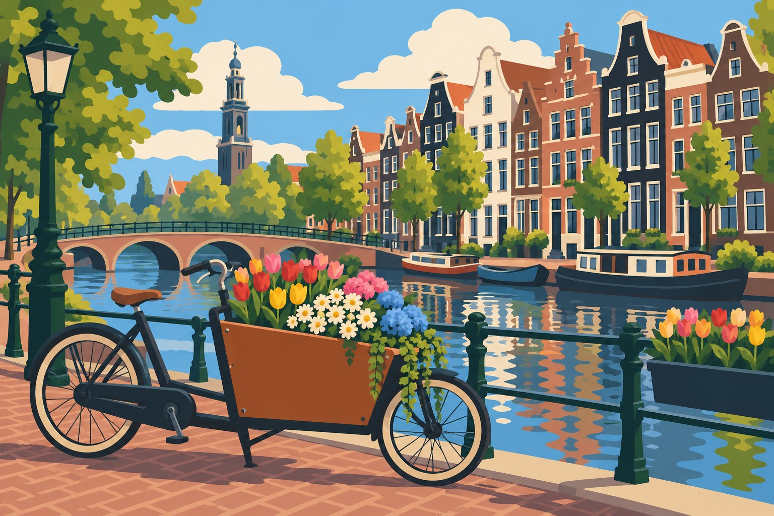 Digitaal ontwerp: bakfiets vol bloemen langs een Amsterdamse gracht met smalle grachtenpanden, bruggetje en lantaarnpaal