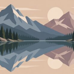 Digitaal ontwerp: bergmeer met twee bergen in leisteenblauw en mauve, dennenbossen en een bleke zon, gespiegeld in het stille water, opgebouwd uit strakke vlakken