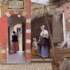 Binnenplaats van een huis in Delft van Pieter de Hooch: een vrouw en een meisje op een geplaveide binnenplaats, door een gang zie je een vrouw op straat