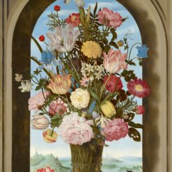 Vaas met bloemen in een venster van Ambrosius Bosschaert de Oude: een vaas vol tulpen, rozen en andere bloemen in een stenen venster, met een landschap erachter