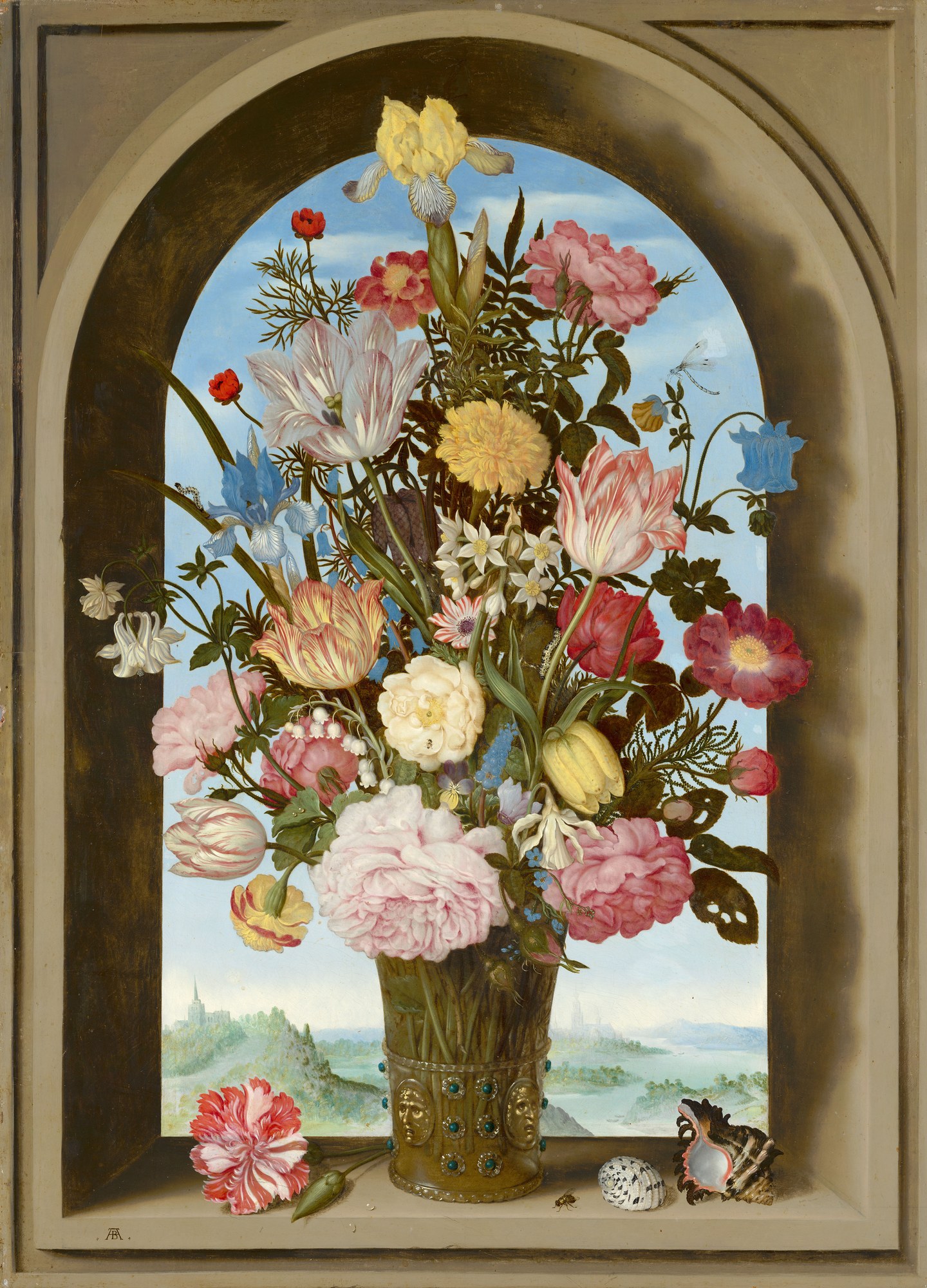 Vaas met bloemen in een venster van Ambrosius Bosschaert de Oude: een vaas vol tulpen, rozen en andere bloemen in een stenen venster, met een landschap erachter